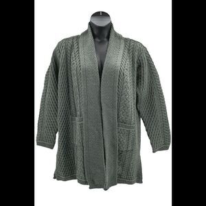 Aran Craft Merino Wool Open Front Long Sweater Cardigan Moss Green - Regular
